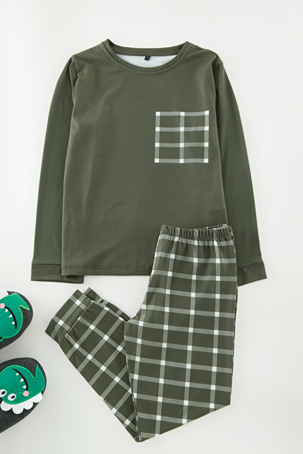 Haki Erkek Çocuk Ekose / Kareli Örme Pijama Set Alt-Üst Takım TKDAW25AU00113 - 4