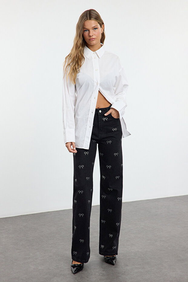 Siyah Fiyonk/Kurdele Detaylı Taşlı Yüksek Bel Wide Leg Jeans TWOAW25JE00325 - 3