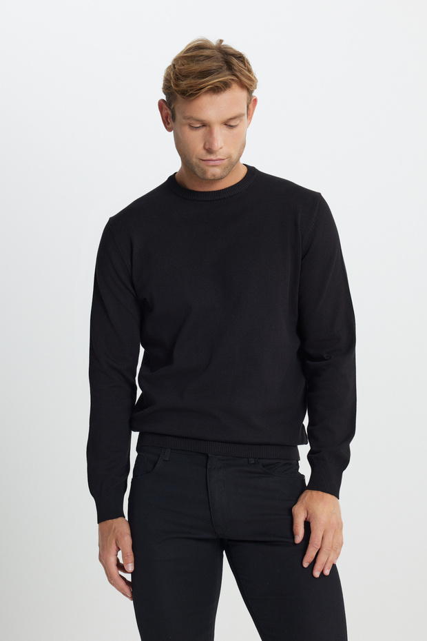 Men's Black Cotton Standard Fit Regular Cut Crew Neck Knitwear Sweater,