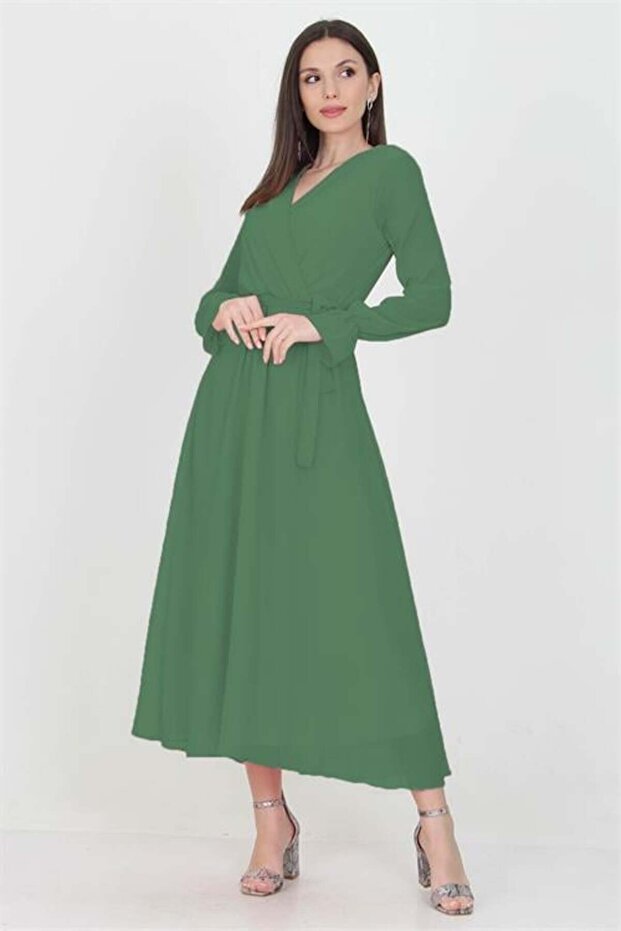 Women Double Breasted Collar Emerald Green Long Chiffon Dress Kts003
