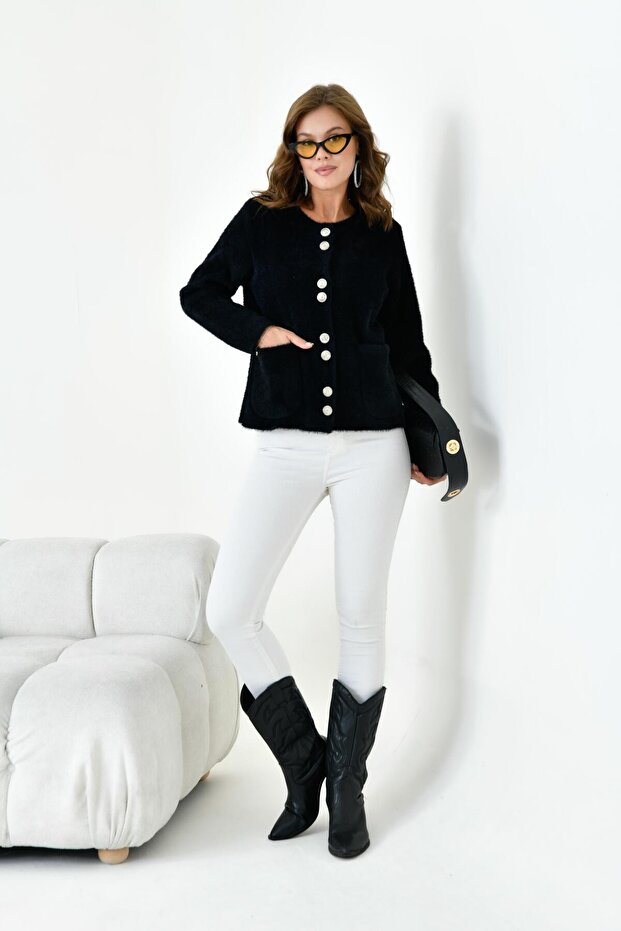 Women's Button Detailed Beard Cardigan Black 20843