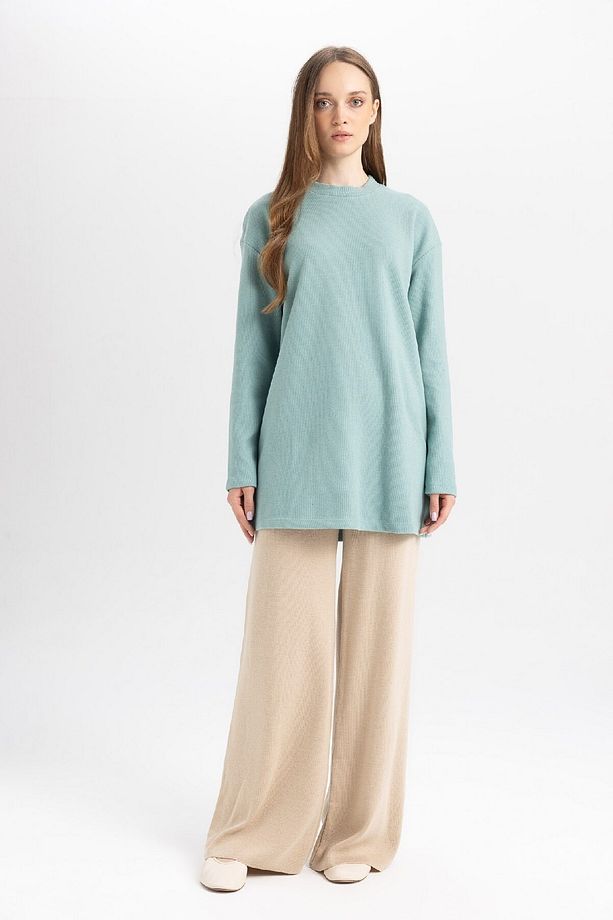 Regular Fit Bisiklet Yaka Selanik Kumaş Uzun Kollu Basic Düz Tişört Tunik B3552ax24au - 2