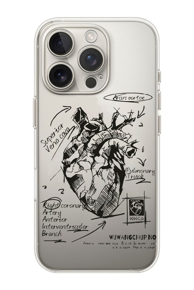 iPhone 16 Pro Compatible Heart Anatomy Pattern Transparent Silicone Phone Case