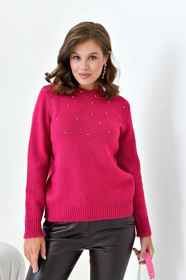 Women's Bead Embroidered Sweater Fuchsia 20741