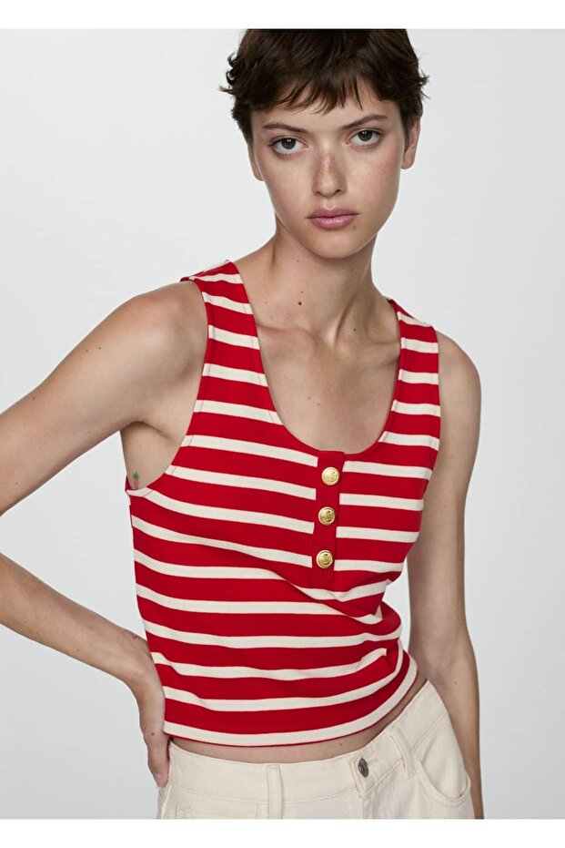 Düğmeli çizgili bluz - 1