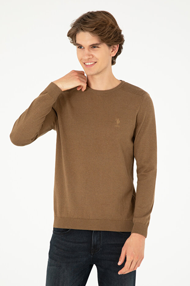 Men's Slim Fit Crew Neck Khaki Melange Basic Sweater 50288888-Vr125