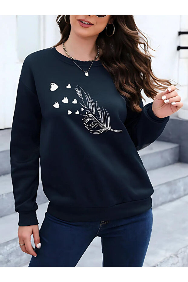 Thick Winter Sweatshirt - Flying Printed Oversize Crew Neck