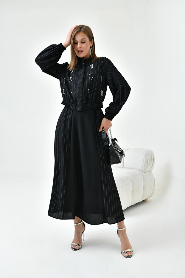 Women's silvery crepe skirt set black 30839