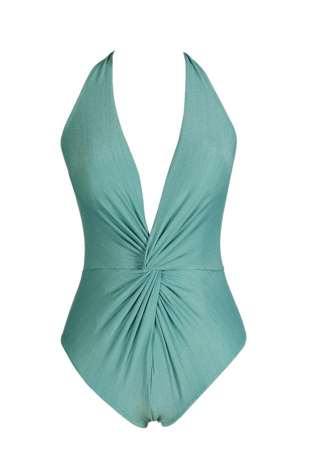 Women's Green Glitter Swimsuit with Gather Detail