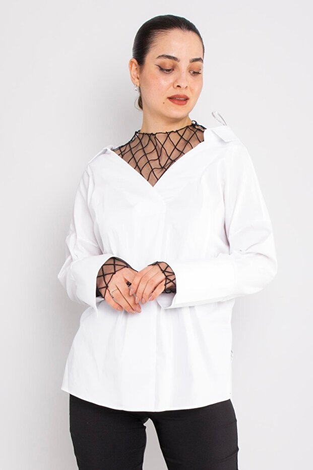 50284 Mesh Detail Cotton Long Sleeve Shirt