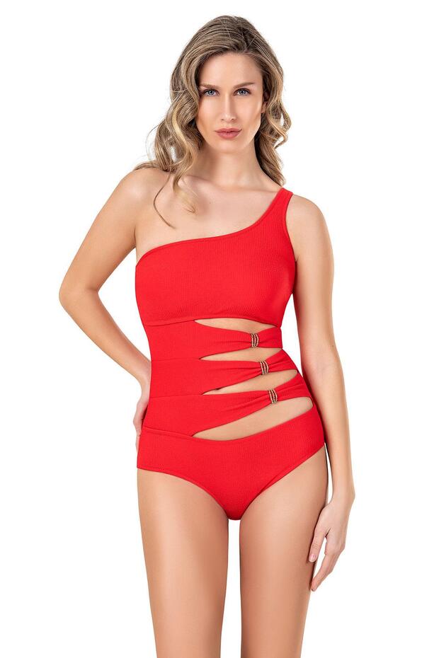 Women's One-Shoulder Red Swimsuit with Accessories