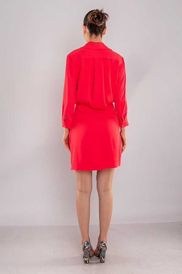 61853 Uzun Kol Drapeli Kısa Elbise - 4