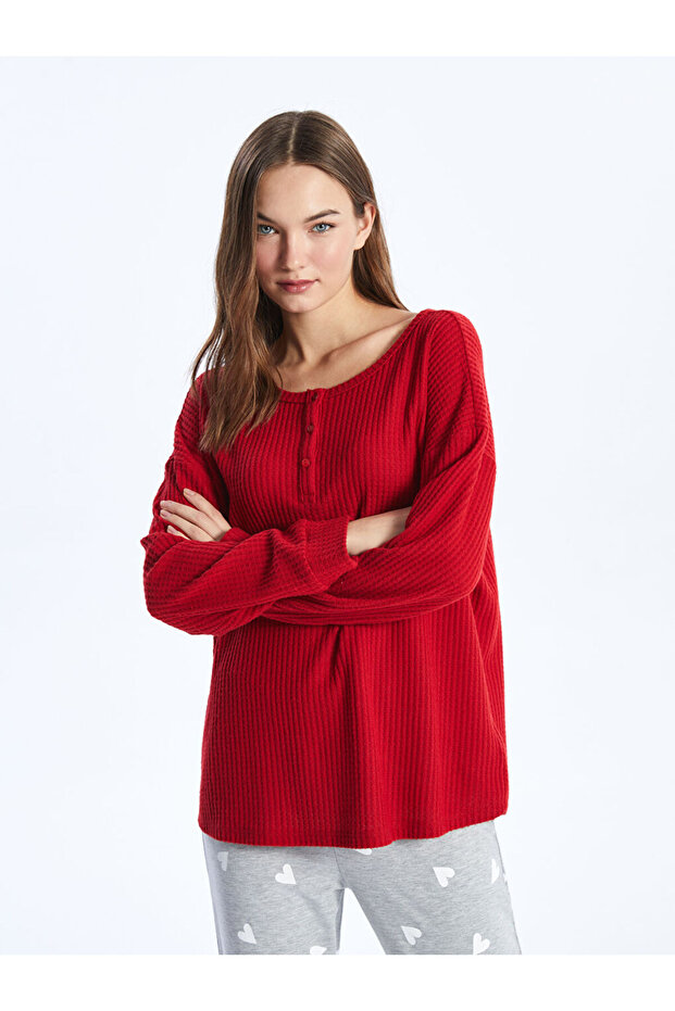 Bisiklet Yaka Düz Uzun Kollu Kadın Pijama Üst - 1