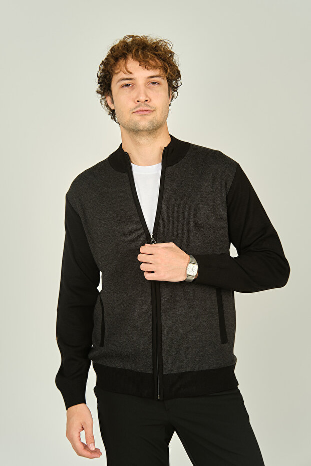 Men's Zippered Pocket Detailed High Collar Wool Cardigan 4491 Black