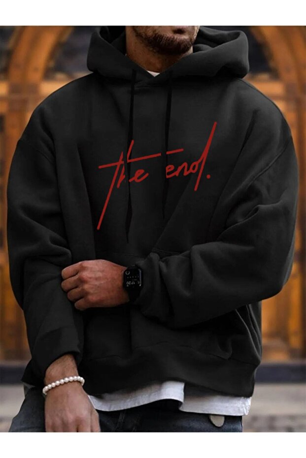سويت شيرت بقلنسوة أسود مطبوع للجنسين من The End