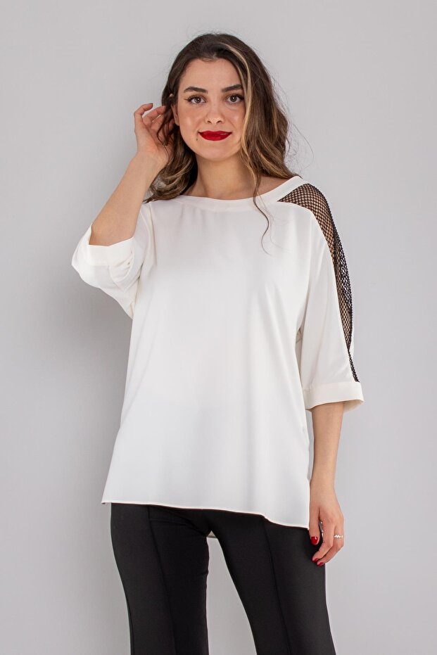 81831 One Shoulder Jewelled Mesh Detail Chiffon Blouse