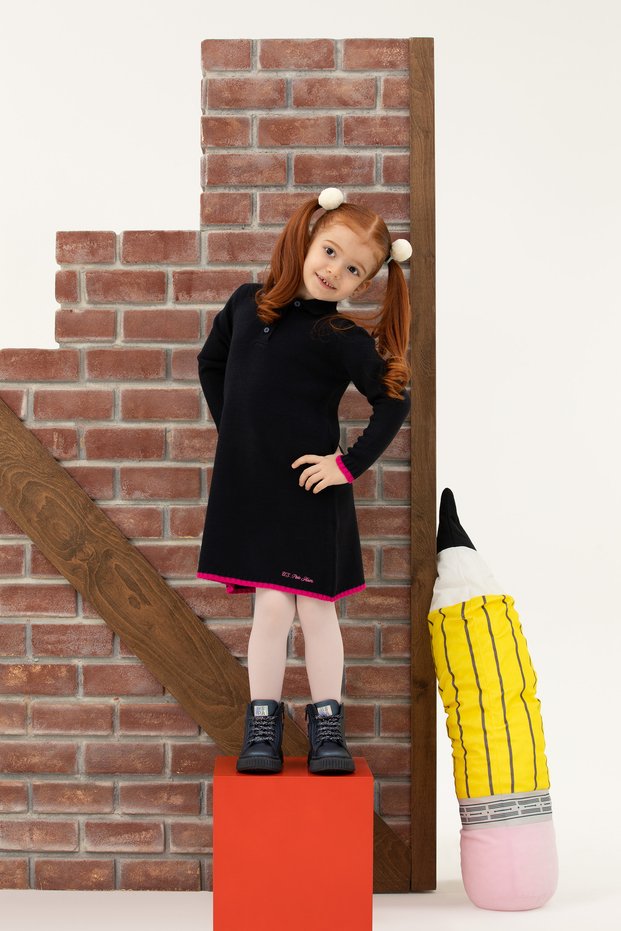 Girl's Navy Blue Polo Collar Long Sleeve Knitwear Dress 50276996-Vr033