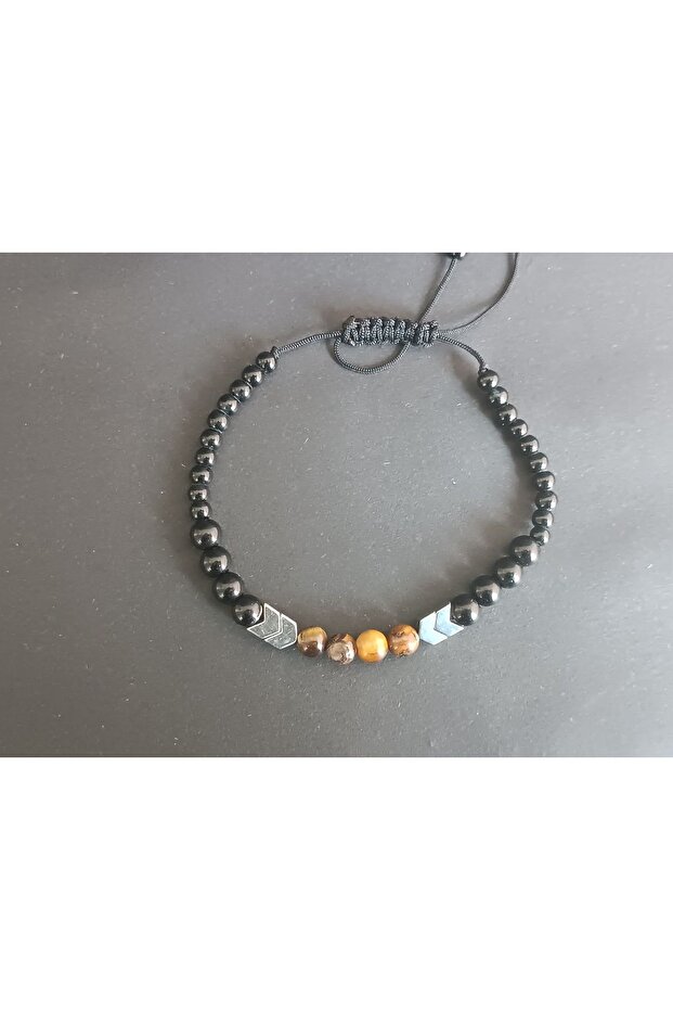 Hematite & Tiger Eye Natural Stone Macrame Bracelet, Elevator Lock Adjustable, Unisex