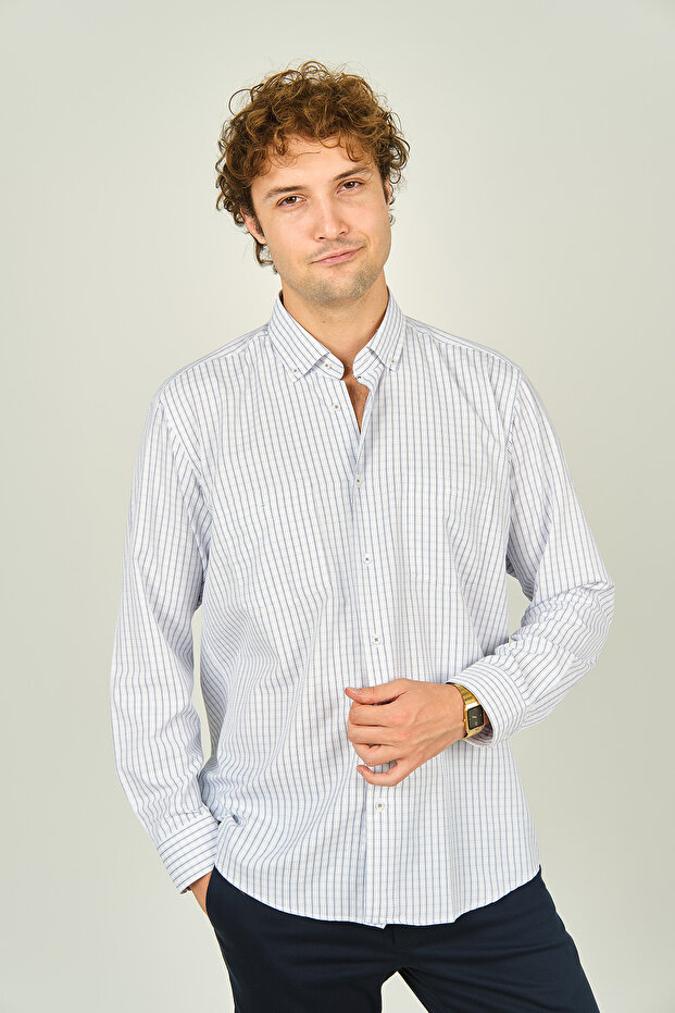 Men's Checkered Double Pocket Detailed Long Sleeve Cotton Shirt 2144 Navy Blue
