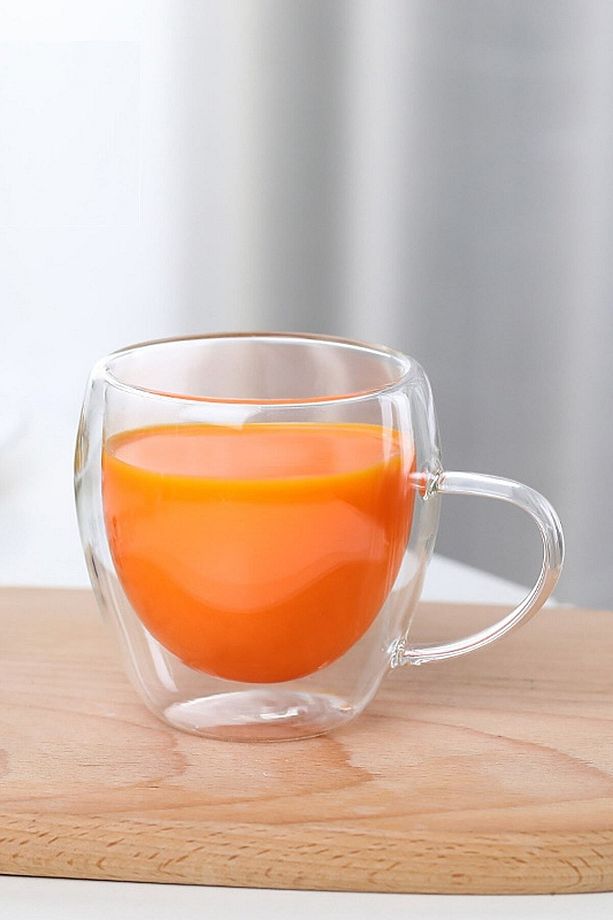 Çift Camlı Cidarlı Cam Kupa 250ml Ev Ofis Fincanı Çift Katlı Isı Yalıtımlı Kulplu Cam Bardak 2li Set - 3