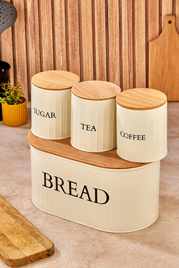 Set of 4 Metal Bread Boxes with Wooden Lids, Tea, Coffee, Sugar Organizer Cream