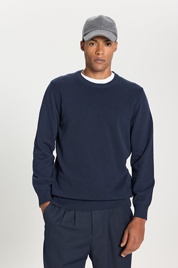 Men's Navy Blue Cotton Standard Fit Regular Cut Crew Neck Jacquard Knitwear Sweater