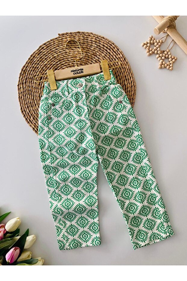 My Little One's Cute Outfits Ethnic Pattern Girls' Denim Jeans - Green