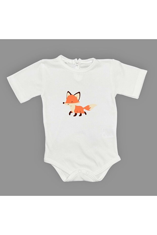 Fox Printed Baby Bodysuit with Snap Fasteners White
