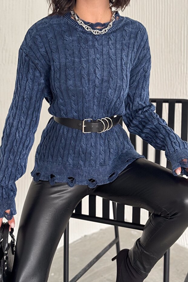 Women's Navy Blue Standard Size Low Shoulder Ripped Knitwear Sweater