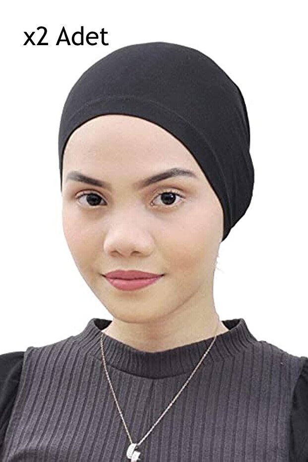 2 Pieces Plain Combed Cotton Hijab Bonnet - Black