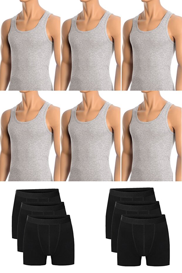 Men's Cotton 6-Piece Gray Undershirt and 6-Piece Black Boxer 12 Piece Set