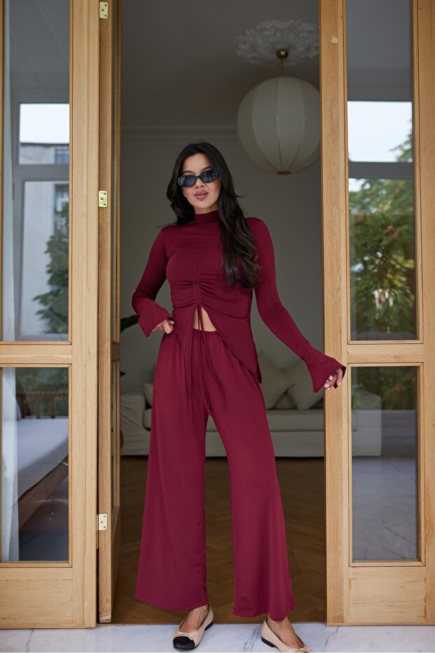 Burgundy Front Gather Detailed Blouse Trousers Set