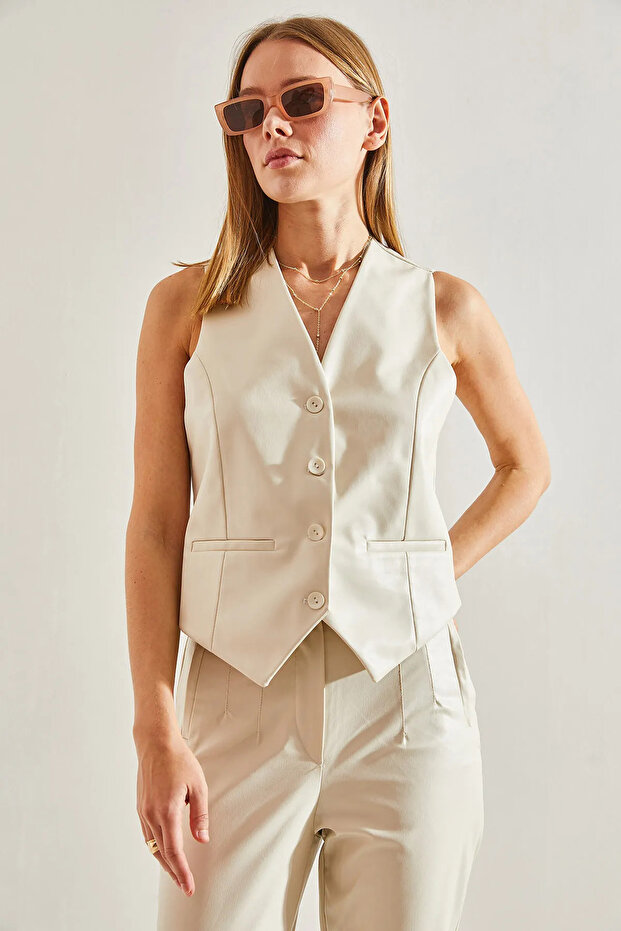 DERİ YELEK EKRU - 3