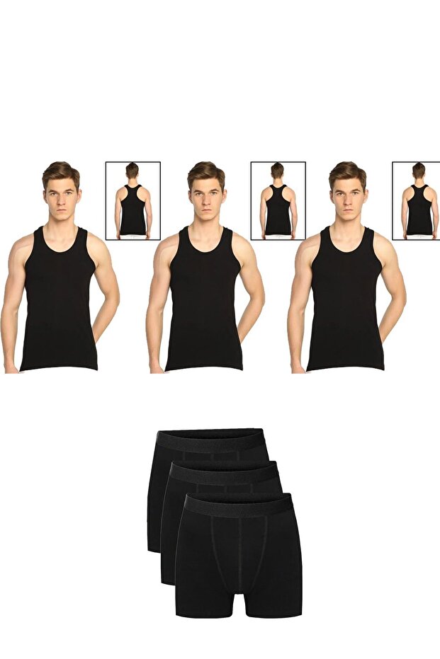 Men's Cotton 3-Piece Black Athlete Undershirt and 3-Piece Black Boxer 6 Piece Set