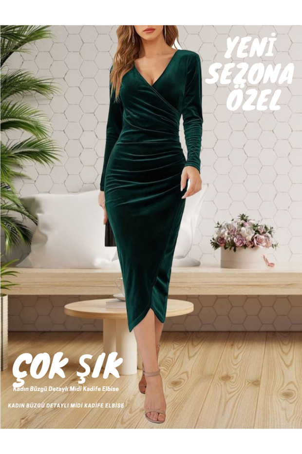 Women's Gather Detailed Midi Velvet Dress