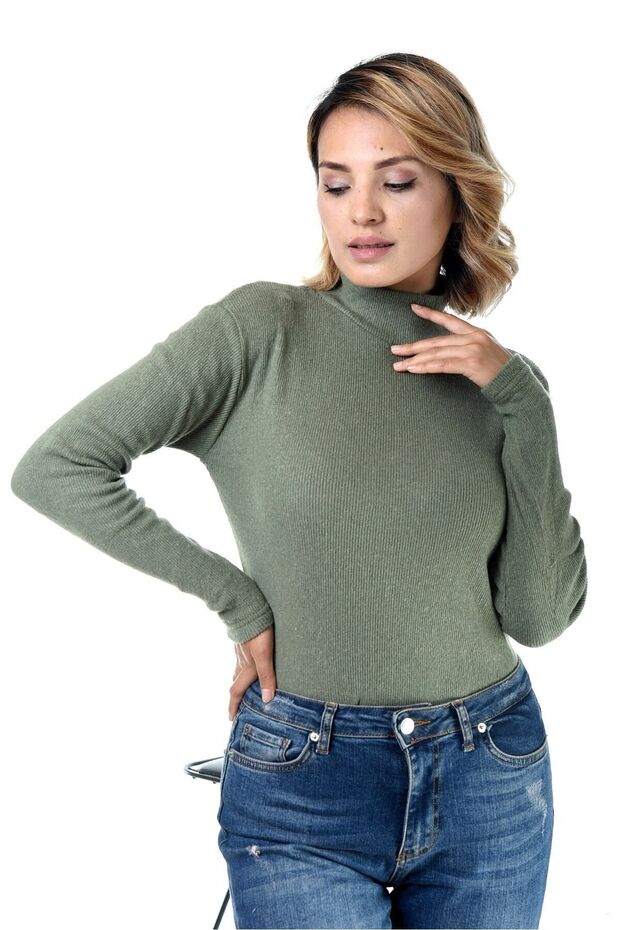 Women's Khaki Green Half Turtleneck Sweater