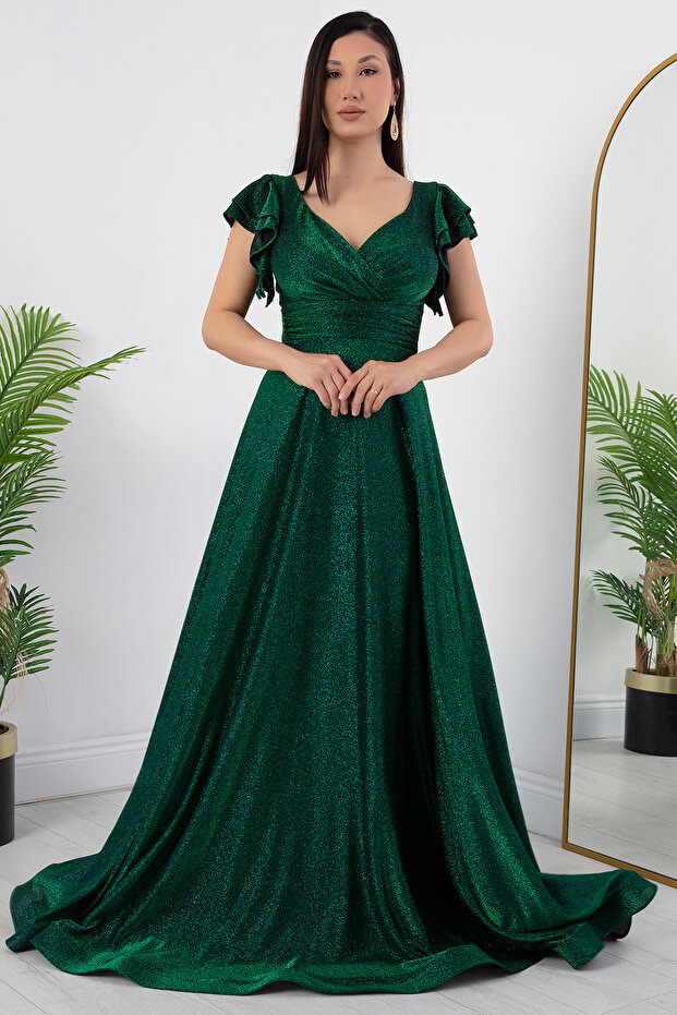 Kol Volanlı Simli Abiye Elbise 39925 - 7