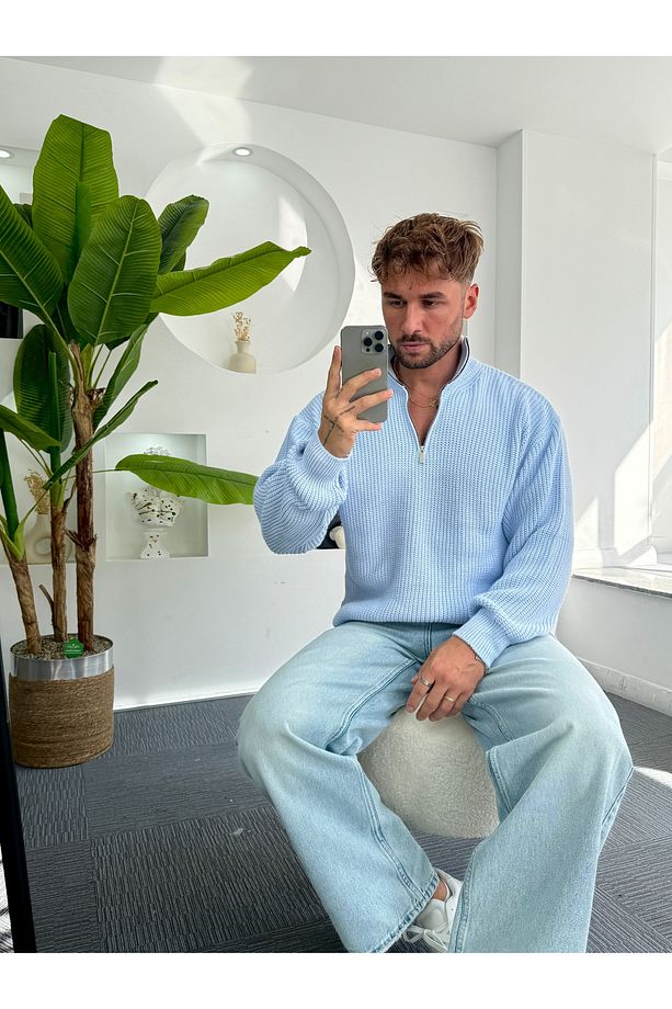 Bebe Mavi Fermuarlı Oversize Örme Kazak - 2