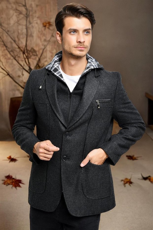 Men's Patterned Wool Blend Coat Light Patterned Anthracite K7540