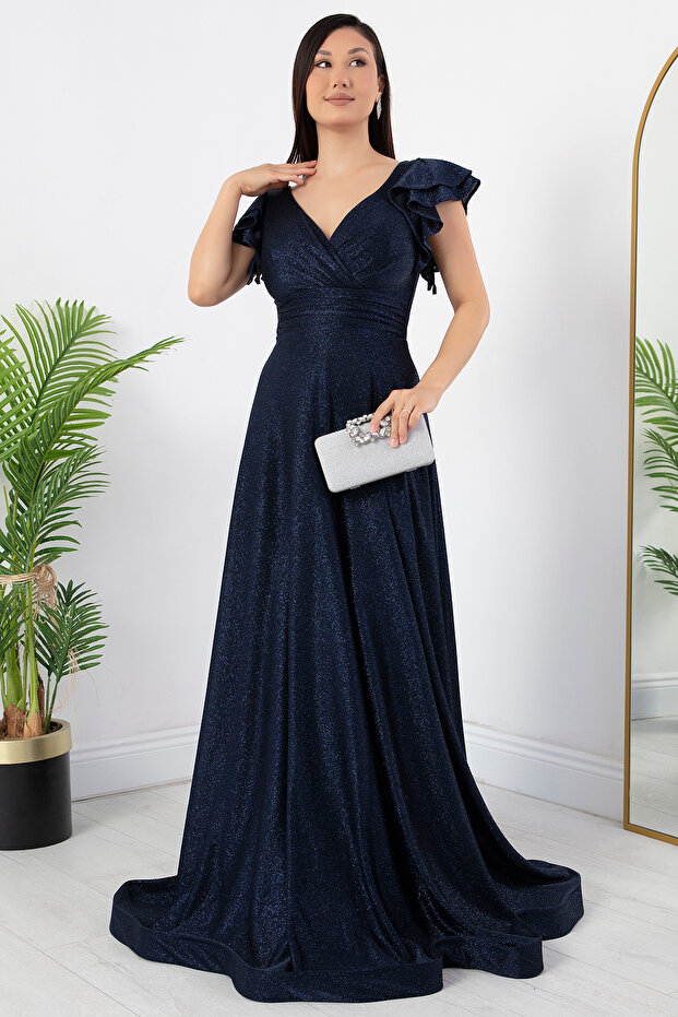 Kol Volanlı Simli Abiye Elbise 39925 - 1