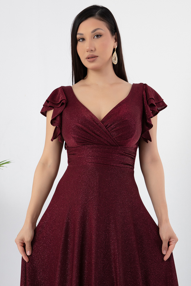 Kol Volanlı Simli Abiye Elbise 39925 - 2