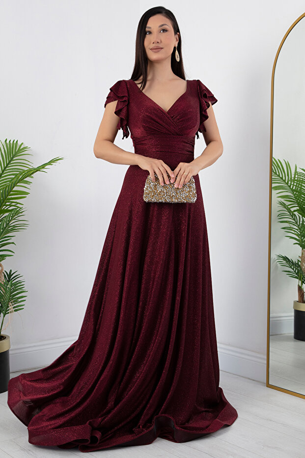 Kol Volanlı Simli Abiye Elbise 39925 - 4