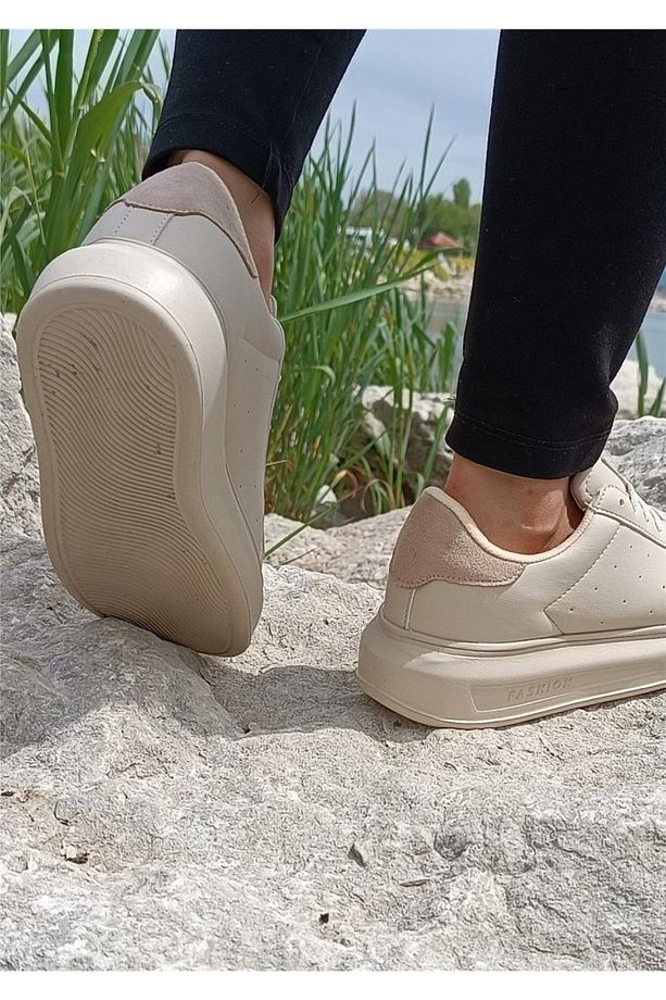 156 Bej Cilt Kalın Taban Sneaker Ayakkabı - 4