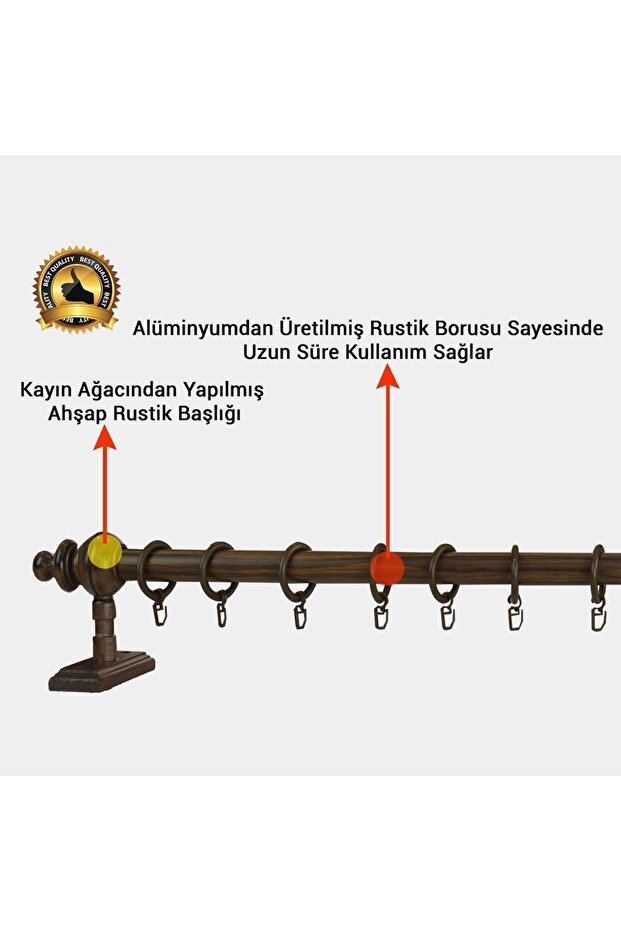 Ceviz Raysız Ahşap Rustik Perde Askısı - Rustik Borusu 175 Cm - 3