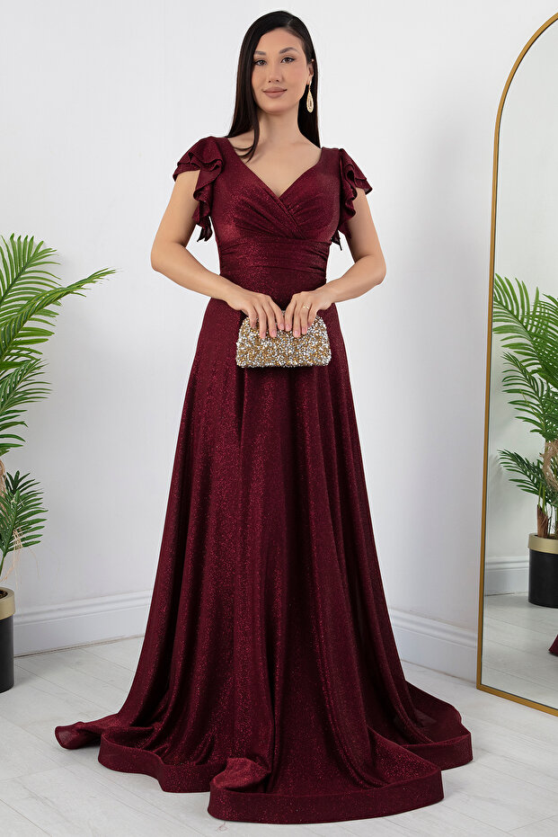 Kol Volanlı Simli Abiye Elbise 39925 - 1