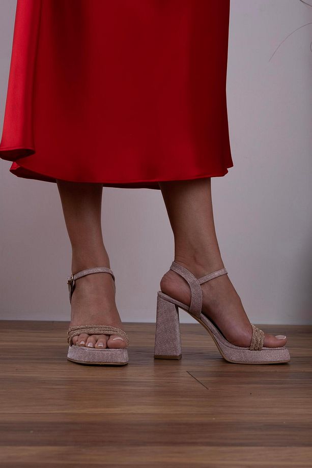 Taş Detaylı Platform Topuklu Ayakkabı Rose Simli - 3