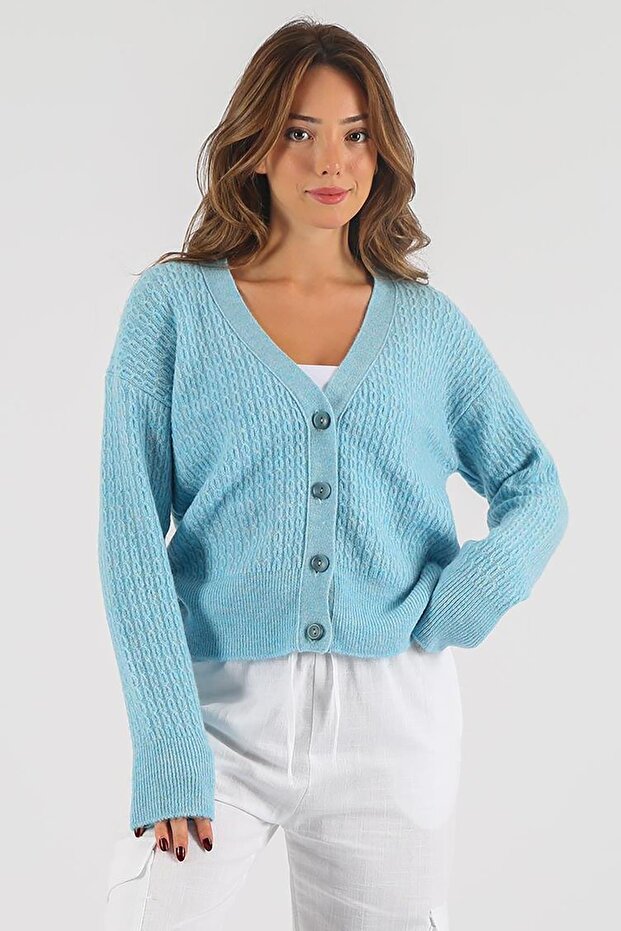 Blue V-Neck Buttoned Soft Women's Knitwear Sweater Cardigan Sh182
