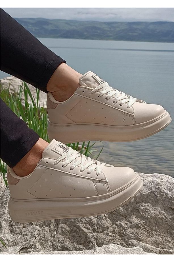 156 Bej Cilt Kalın Taban Sneaker Ayakkabı - 1
