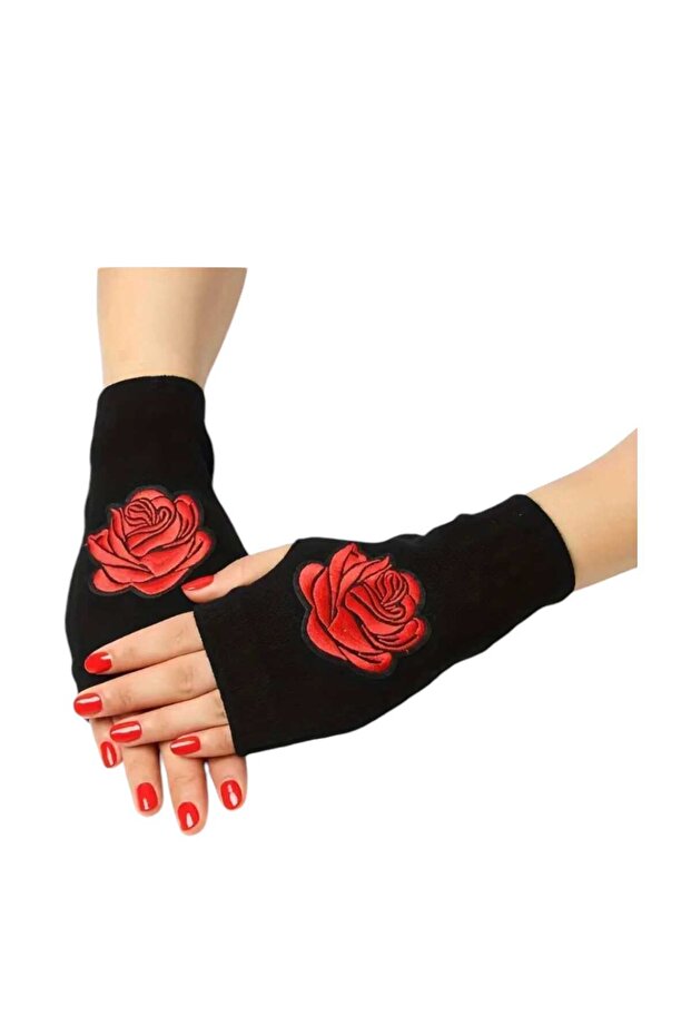 Gül Nakışlı Örme Parmaksız Eldiven - 1