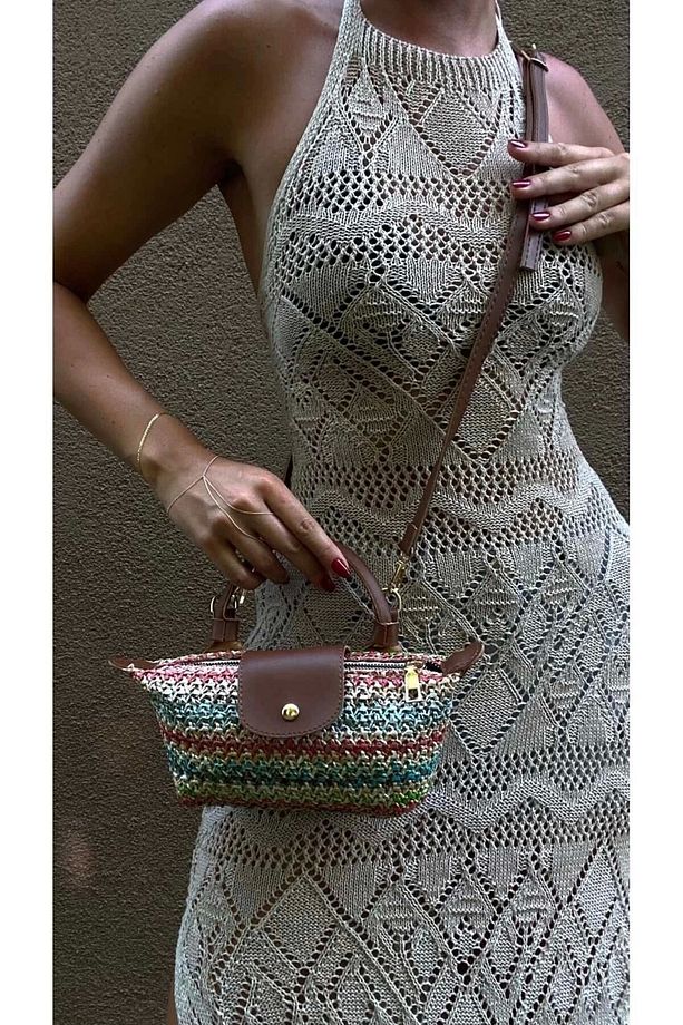 Laurel Taba/Çok Renkli Hasır El Dokuma Kadın Mini Bag - 7